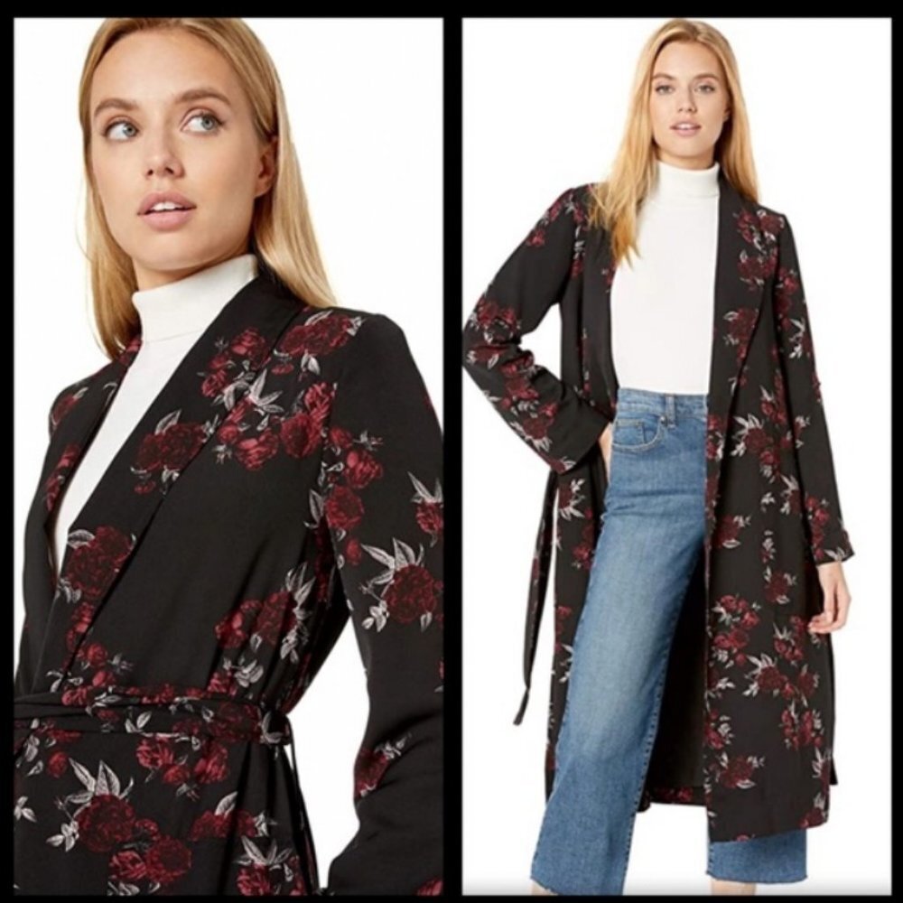 Kensie Dark Floral Shawl Collar Rose Noir Trench Midi Coat/Dress Size XS - Picture 15 of 15